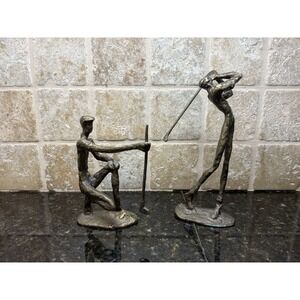 MCM Vintage Brutalist Bronze Golfer Sculpture Set Of 2 Abstract Golf Table Art